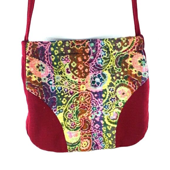 Women's Vintage Rainbow Paisley Red Material Zip Closure Crossbody - Picture 6 of 10